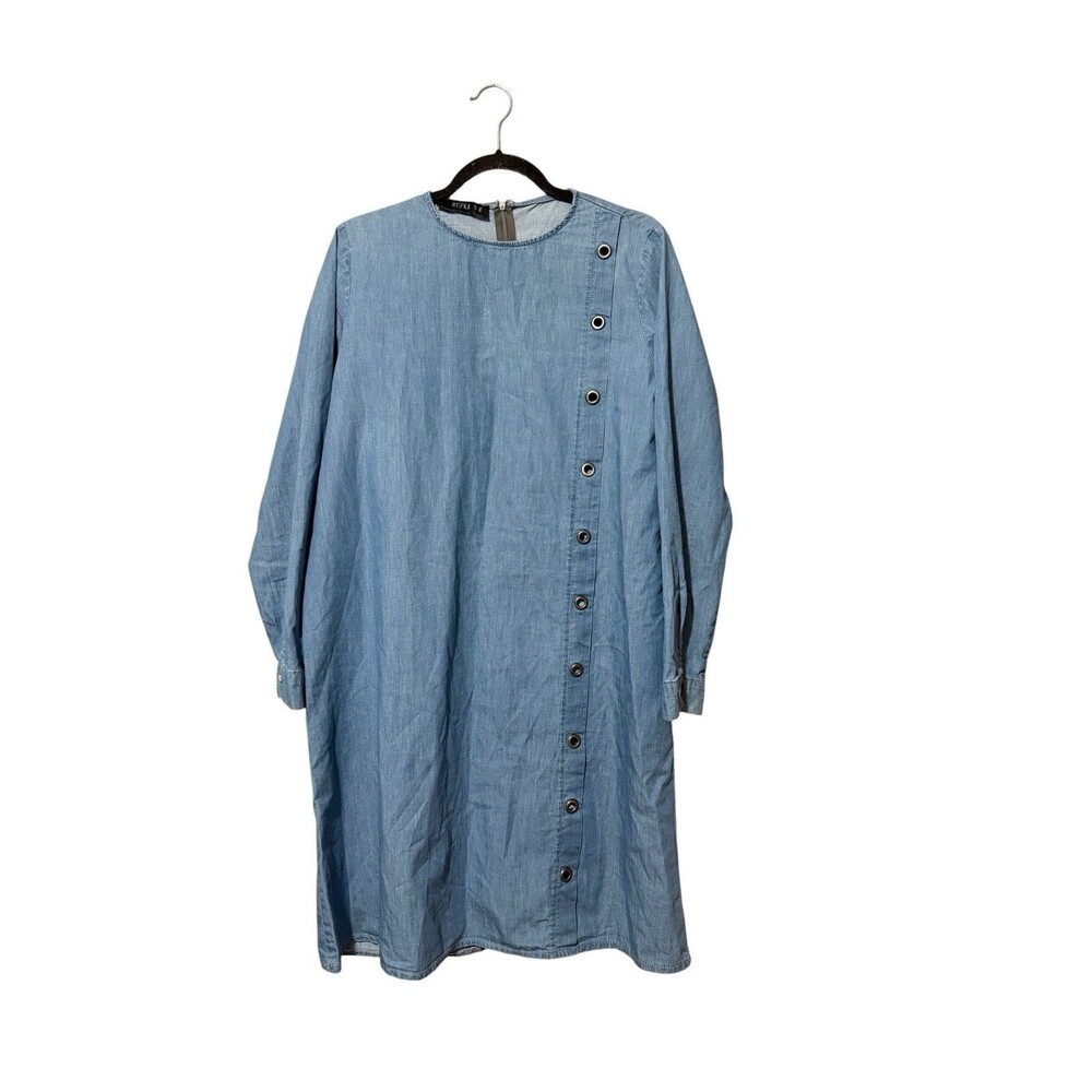 Refka Chambray Midi Dress Blue Cotton Button Detail Modest Size 10